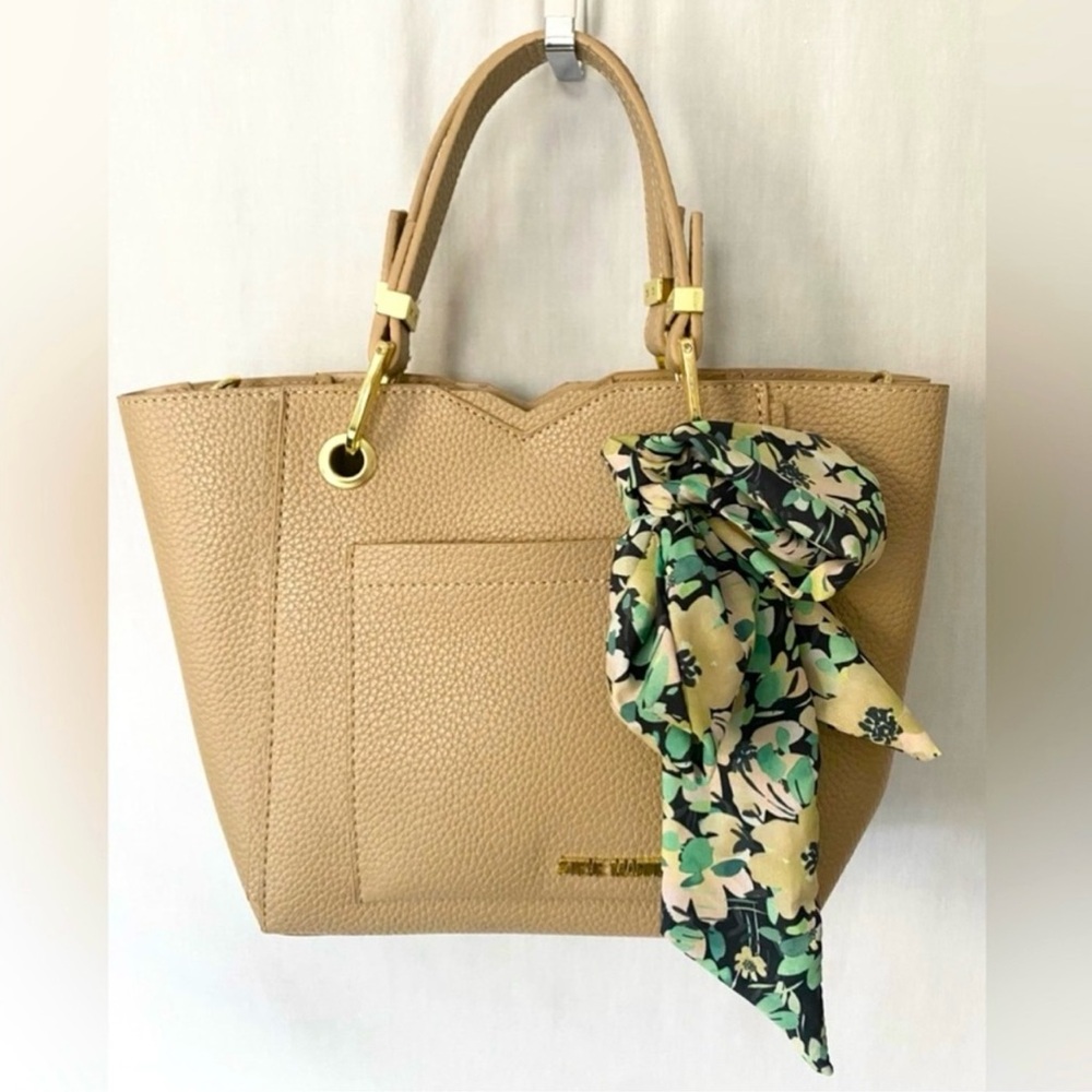 Iconic Steve Madden Stylish Tan Tote Bag with Floral Scarf